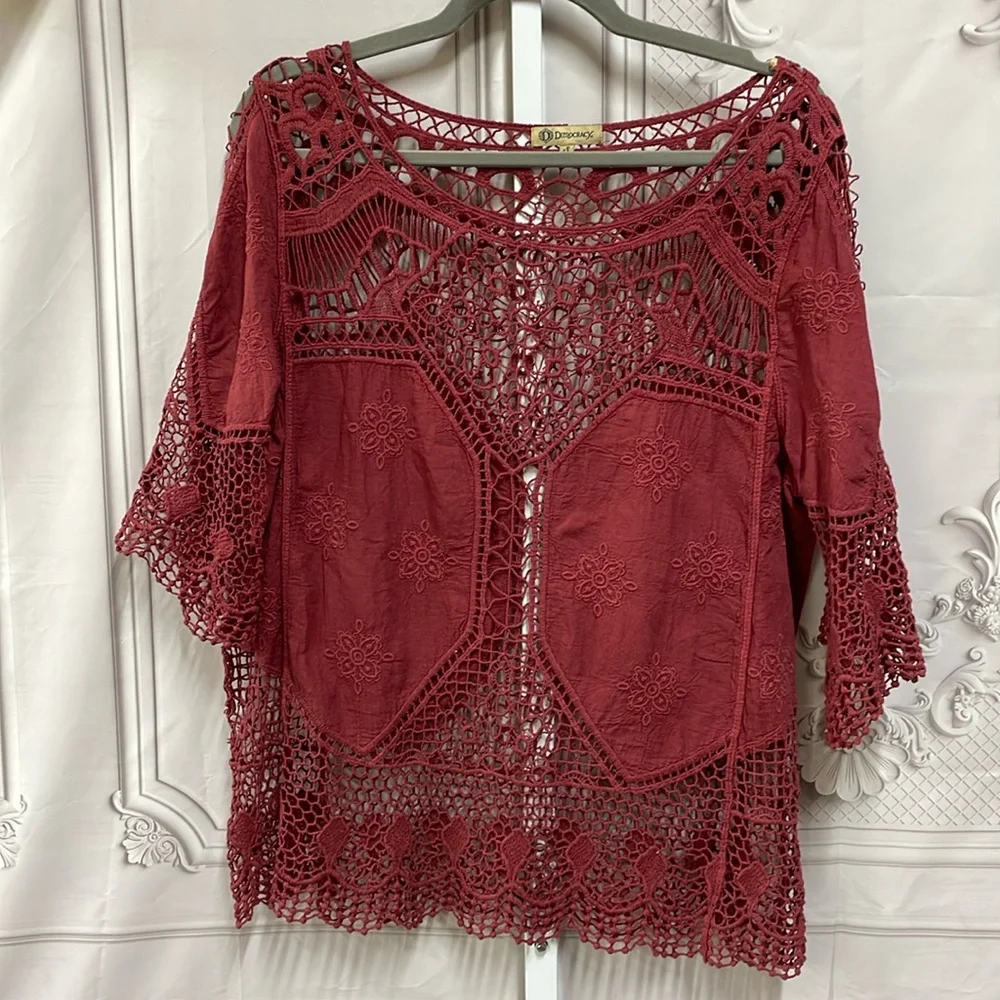 Democracy boho lace embroidered open rose color size small top - Picture 1 of 6